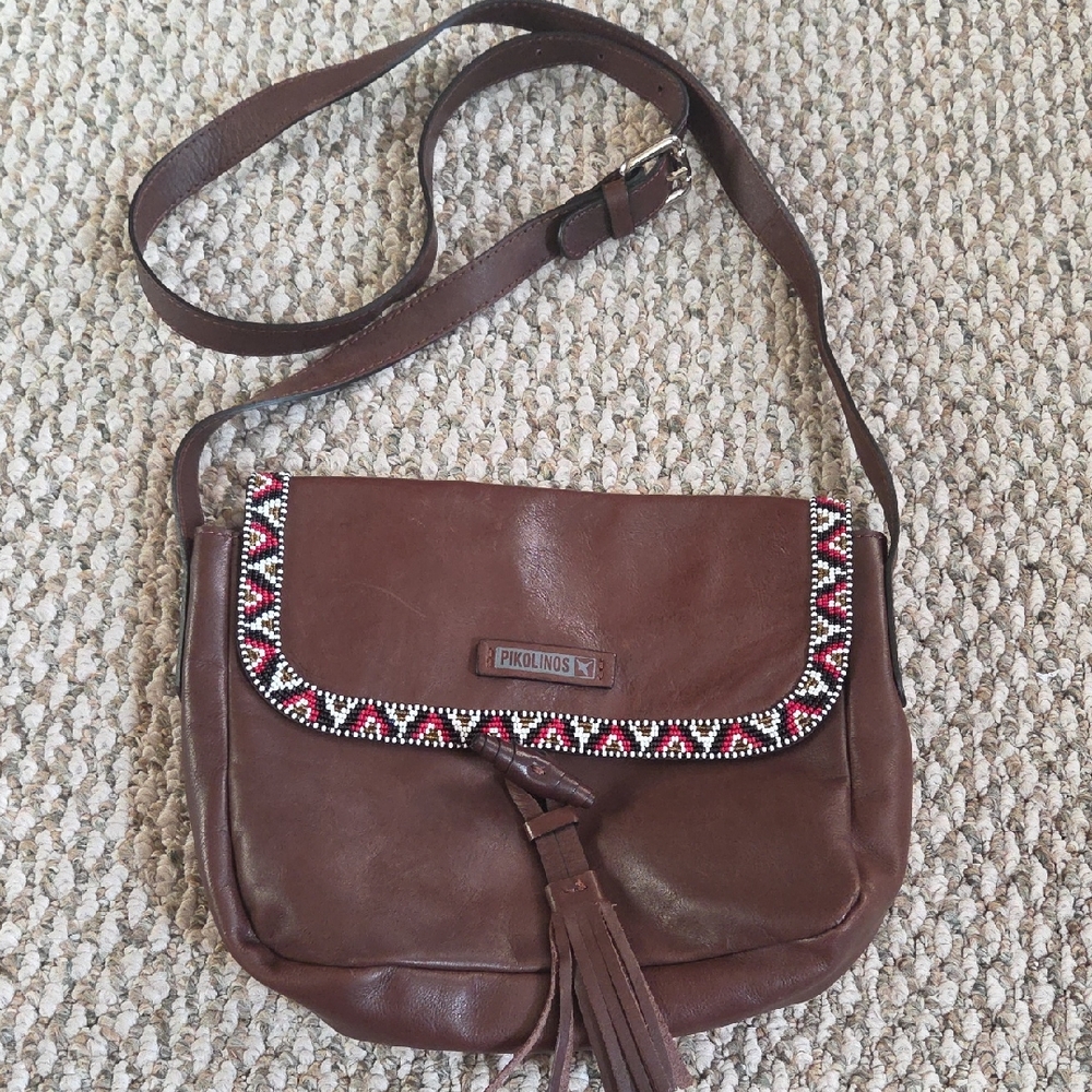 PIKOLINOS Brown Crossbody Bag with Patterned Trim